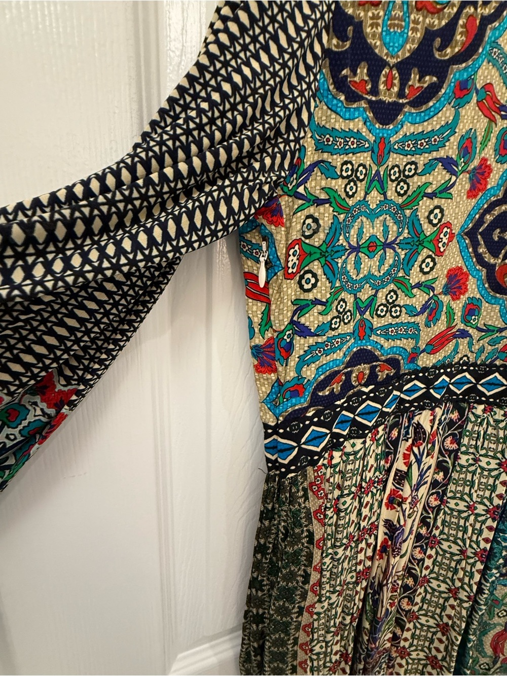 Anthropologie Teal & Cream Mixed-Print Long Sleeve Maxi Dress - Picture 5 of 5